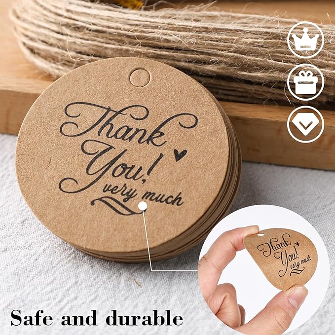 SallyFashion 120PCS Thank You Gift Tags, Round Brown Paper Tags with String 2inch Circle Labels for Birthday Wedding Party Gift Baby Shower