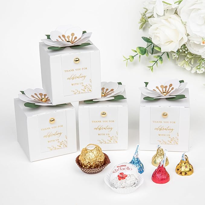 FEIYI 20 PCS Favor Boxes, 3 In 1 White Candy Boxes with Floral Decor, White Thank You Tags Gold Foil Print Gift wrapping for Wedding, Baby Shower, Birthday, Decorations Party - 2.55x2.55x2.55