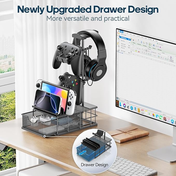 KDD Headphone Stand with Drawer - Headset & Controller Holder for Desk - Aluminum Supporting Bar Earphone Stand with Cable Organizer - Universal Gaming PC Accessories Storage