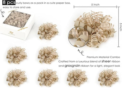 HUIHUANG Curly Bows for Gift Wrapping Champagne Gift Bow 5 inch x 8 Counts Self-Adhesive Ribbon Bows for Presents, Paper Bag, Party Favors, Wrapping Accessories, Holiday Wedding Decoration