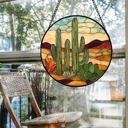 Stained Glass Window Hanging, Green Cactus Sun Catcher for Door Terrace Garden Home Decor, Abstract Desert Landscape Suncatcher Birthday Gifts for Lovers Women Men Dad Mom Nana 6.3