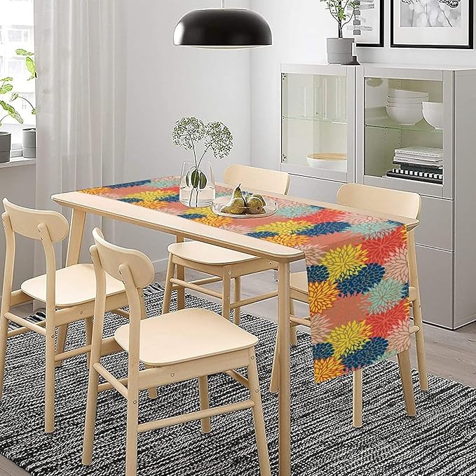 Dahlia Flowers Table Runner Colorful Floral Teal Grey Pink Yellow Blue Abstract Table Runner Kitchen Dining Party Decor Living Room, 13x90 Inch