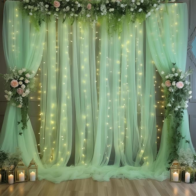 20×10ft Green Tulle Backdrop Curtain with Lights String for Parties, Sheer Photo Backdrop Curtains for Wedding Party Photography Background