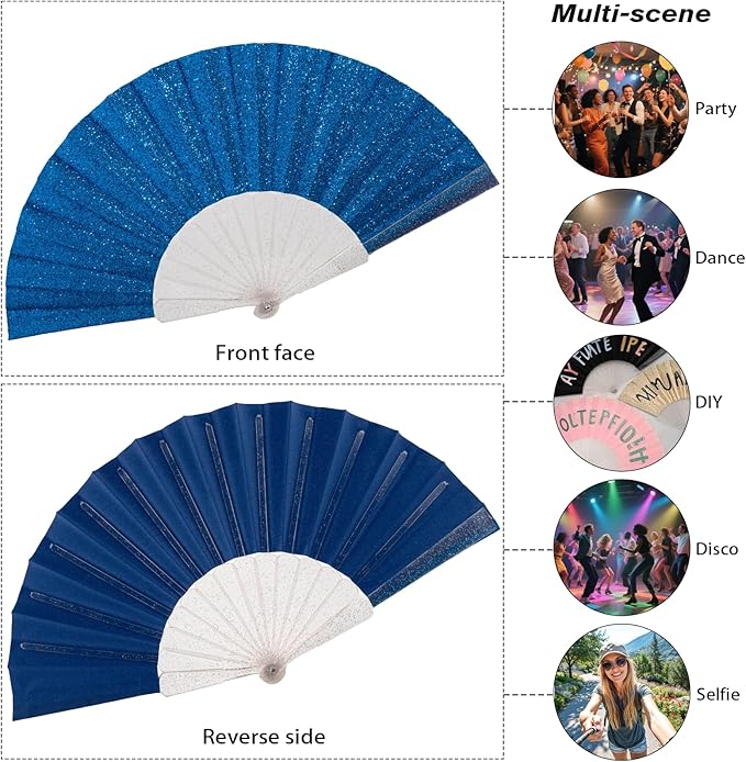 24 Pack Handheld Fan,Folding Hand Glitter fan with Shining Transparent Fan Rib – Ideal for Wedding, Church, Festival, Dance, Tea Party, Club, and EDM Accessories, Royal blue