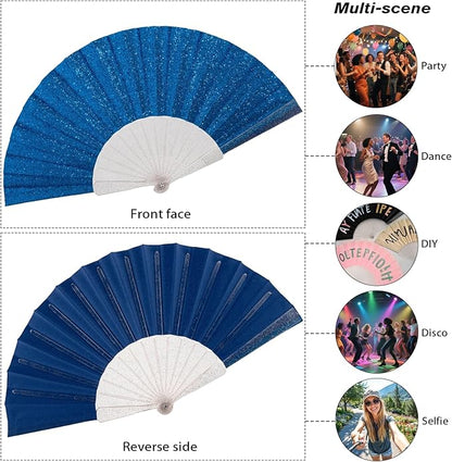 24 Pack Handheld Fan,Folding Hand Glitter fan with Shining Transparent Fan Rib – Ideal for Wedding, Church, Festival, Dance, Tea Party, Club, and EDM Accessories, Royal blue