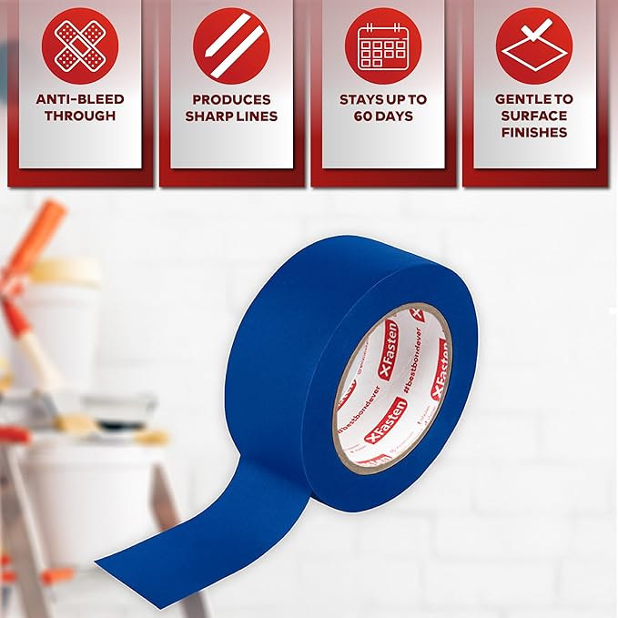 XFasten Blue Painters Tape Bulk 3-Inch x 60-Yards (24-Pack, 4320ft Total) Wall Safe, 3 Inch Wide Masking Tape for Walls, Painting, Automotive