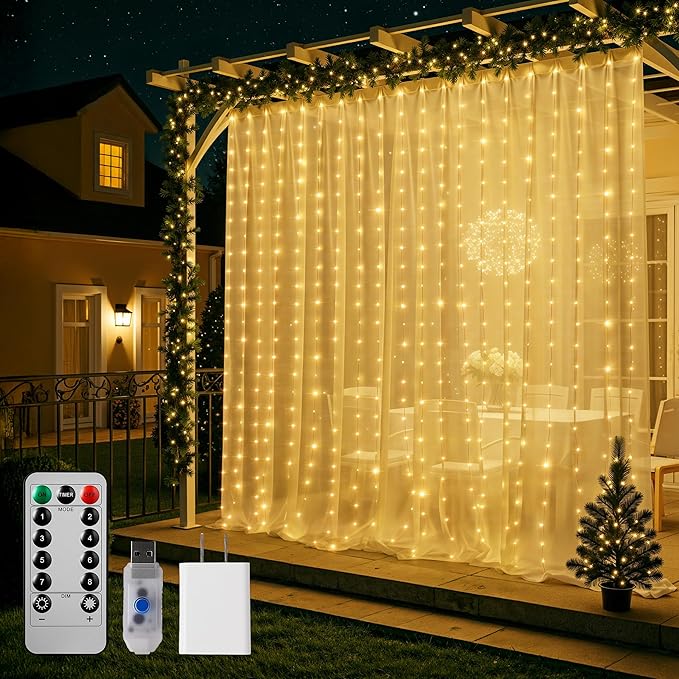 Brightown 300 LED Curtain String Lights, 9.8 FT Hanging Fairy Lights with Remote, 8 Modes, Waterproof Window Lights for Bedroom Backdrop Wedding Outdoor Party Christmas Decorations