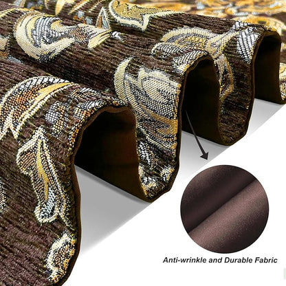Embroidered Dark Brown Table Runners 120" Boho Thick Chenille Gold Floral Pattern for Party Decor