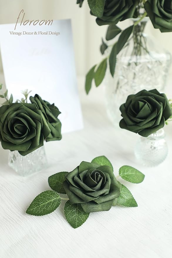 Floroom Artificial Flowers 25pcs Real Looking Emerald Green Foam Fake Roses with Stems for DIY Wedding Bouquets Bridal Shower Centerpieces Floral Arrangements Party Tables Home Decorations