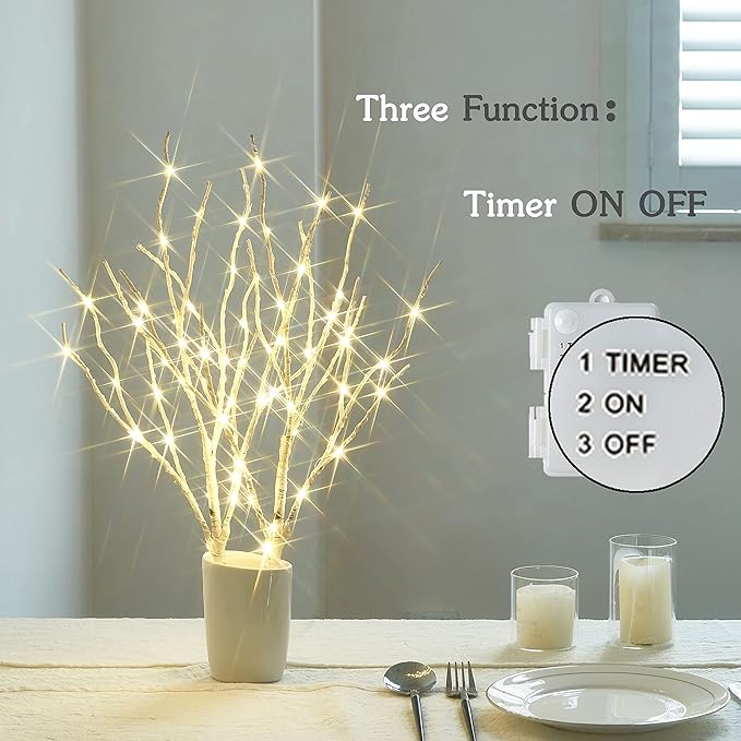 BAOLITVINE Lighted Birch Branches with Timer 70 Fairy Lights 18IN, Twig Lights for Indoor Outdoor Home Christmas Wedding Vase Decorations