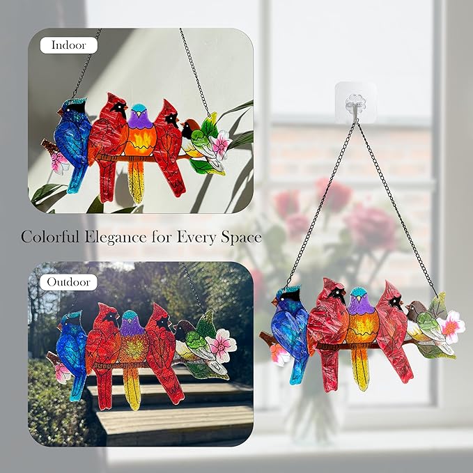 Stained Glass Window Hanging - Large Stained Glass Birds on Branch, Birds Sun Catchers Indoor Window with Chain and Hook Gifts for Bird Lover, Mom, Grandma, Stocking Stuffers for Women