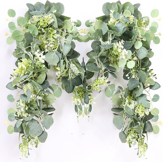 MAKHOT 5.9FT Eucalyptus Garland, Artificial Greenery Garland Flower, Green SpringGarland Wreath Vines Decorations, Fake Silver Dollar Eucalyptus Leaves Vines for Table Home Wedding Mantle Party Decor
