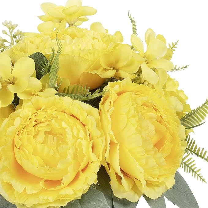 ENOVA FLORAL Artificial Flower Arrangement with Vase,Mixed Artificial Silk Peony Flower in Vase for Decoration Home Office, Wedding Centerpiece (Yellow)