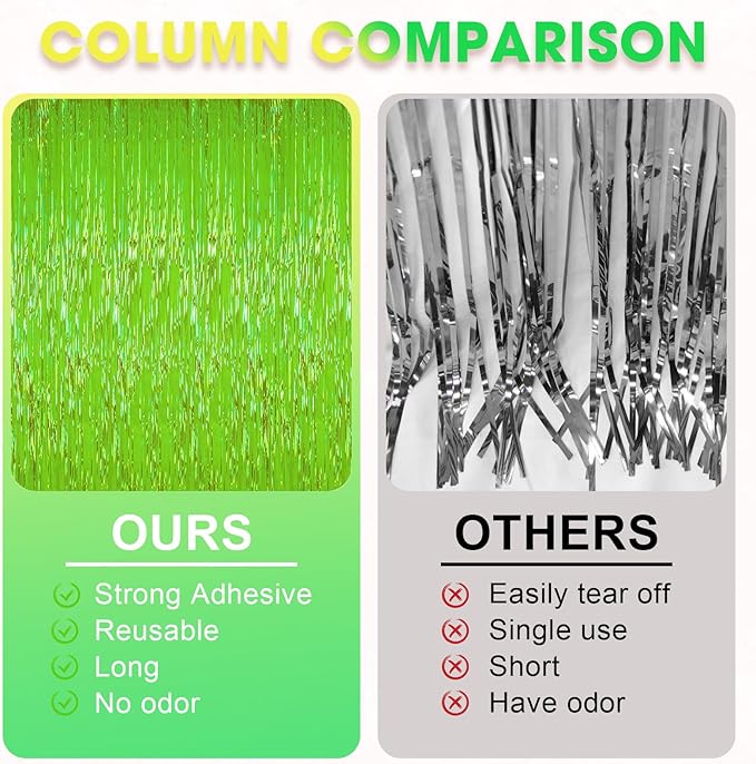 2 Pack Green Iridescent Tinsel Foil Fringe Curtains, Neon Party Decorations, Metallic Tinsel Party Streamers Backdrop for Birthday Baby Shower Halloween Wedding Party Decorations