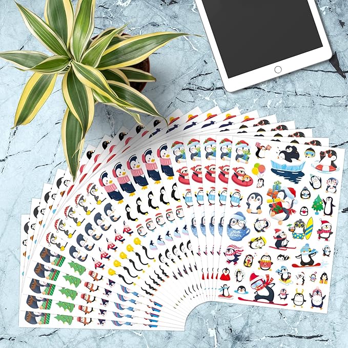 Cute Penguin Stickers 720 Counts Waterproof Cartoon Penguin Animal Decal Sticker Party Gifts Goodie Bags Decor Reward Birthday Party Favors Water Bottle Laptop Adhesive Sticker Invitation Decor