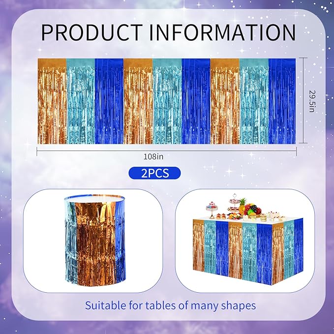 BEISHIDA 2 Pack Orange Blue Light Blue Table Skirts Party Decorations Metallic Tinsel Foil Fringe Table Skirts Table Decors for Rectangle and Round Table Birthday Holiday Party Cartoon Party