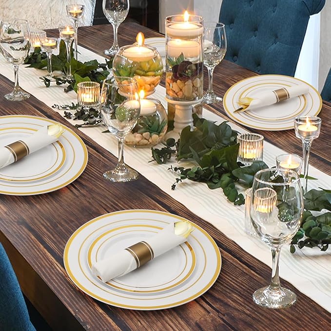 Goodluck 175 Piece Gold Plastic Dinnerware Set for 25 Guests, Fancy Disposable Plates for Party, Include: 25 Dinner Plates, 25 Dessert Plates, 25 Pre Rolled Napkins with Gold Silverware, 25 Cups