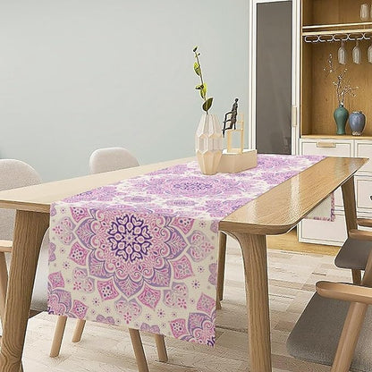 Purple Pink Mandala Table Runner, Traditional Indian Boho Mandala Flowers Print Table Runne for Kitchen Dining Table Office Wedding Party Holiday Home Decor, 13x60inch