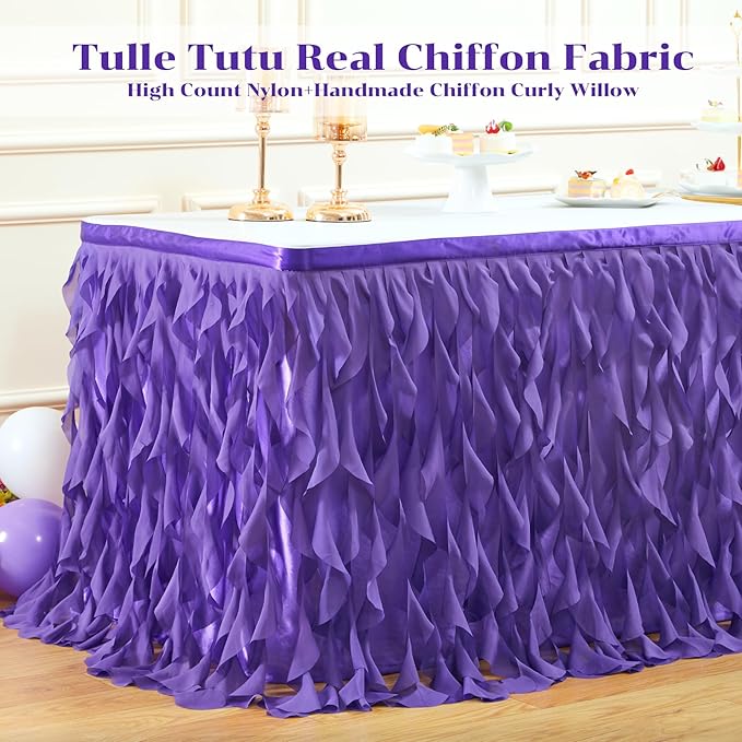 Partisky Mermaid Purple Tulle Curly Willow Table Skirt for Rectangle Table 6ft, Ruffle Tutu Table Cloth for Girls Boys Baby Shower,Mermaid Birthday Party