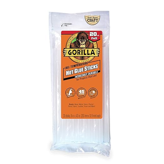 Gorilla Hot Glue Sticks, Clear Glue, Full Size 8" Long x 0.43" Diameter, 20 Count (Pack of 1) - Safe for All Temperatures with Extended Working Time