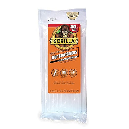 Gorilla Hot Glue Sticks, Clear Glue, Full Size 8" Long x 0.43" Diameter, 20 Count (Pack of 1) - Safe for All Temperatures with Extended Working Time
