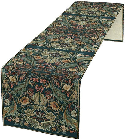 Green Morris Floral Table Runner, Boho Rustic Country Farmhouse Teal Red Rose Pattern for Home Kitchen Table Decor Dining Coffee Room Party Decor 13x72in
