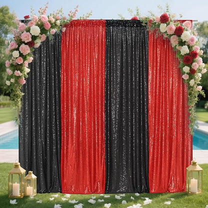 Eternal Beauty Black and Red Backdrop 4 PCS-2x8 Ft Sequin Curtain Panels for Christmas Party, Birthday