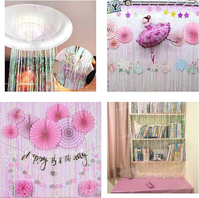 BRAVESHINE Party Decorations Iridescent Foil Fringe Backdrops - 2 Pack 3.2 x 6.5 ft Holographic Tinsel Photo Booths Pros Streamer Curtains for Easter Girl Birthdays Engagement Unicorn Parties - Clear