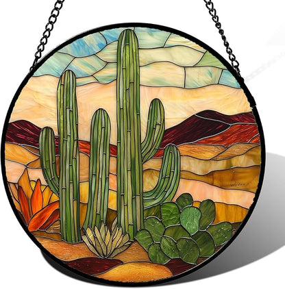 Stained Glass Window Hanging, Green Cactus Sun Catcher for Door Terrace Garden Home Decor, Abstract Desert Landscape Suncatcher Birthday Gifts for Lovers Women Men Dad Mom Nana 6.3