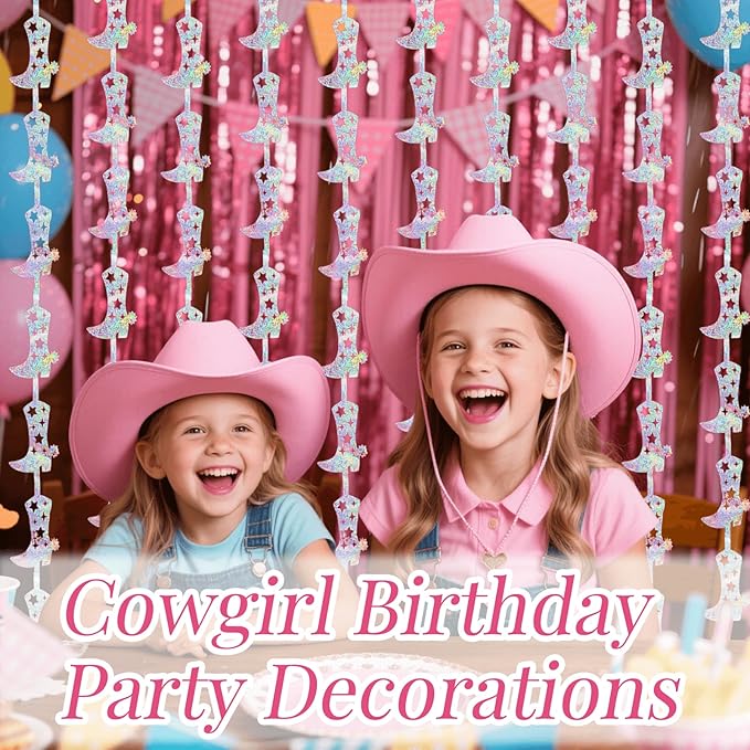 4 Pcs Cowgirl Party Decorations - 2 Boot Silver Metallic Tinsel Fringe Curtains & 2 Candy Pink Backdrops for Birthday Supplies Last Rodeo Bachelorette Wedding Disco Decor