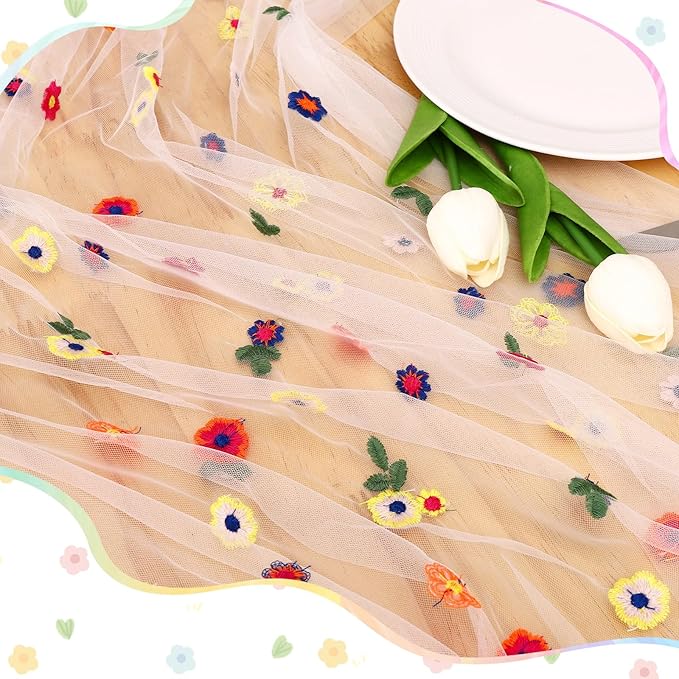 BINBE 1pcs Ivory Daisy Fall Table Runner Embroidery Gauze 10FT Florals Seasonal Tulle Holiday Birthday Kitchen Dining Table Decor for Home Party
