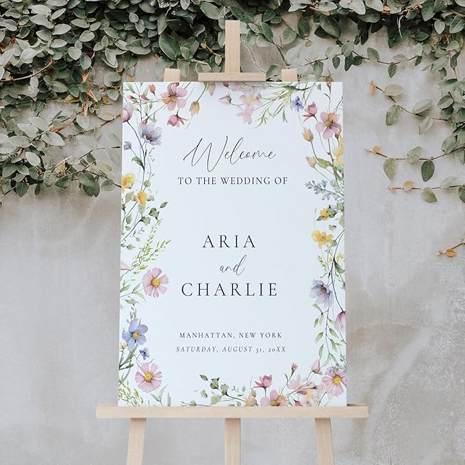 Welcome Wedding Sign Personalized, Elegant Wildflower Wedding Sign Decorations Signage 12" X 18" (Small), 27" (Medium), 36" (Large), Plastic, Modern, Pole Mount, Weather