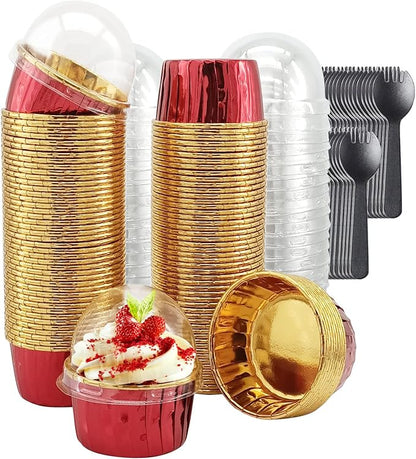Foil Cupcake Liners with Dome Lids 100Pack,Free-Air 3.5Oz Cups for Baking,Disposable Ramekins Muffin Tins Cupcake Wrappers, with Spoons-Red in gold