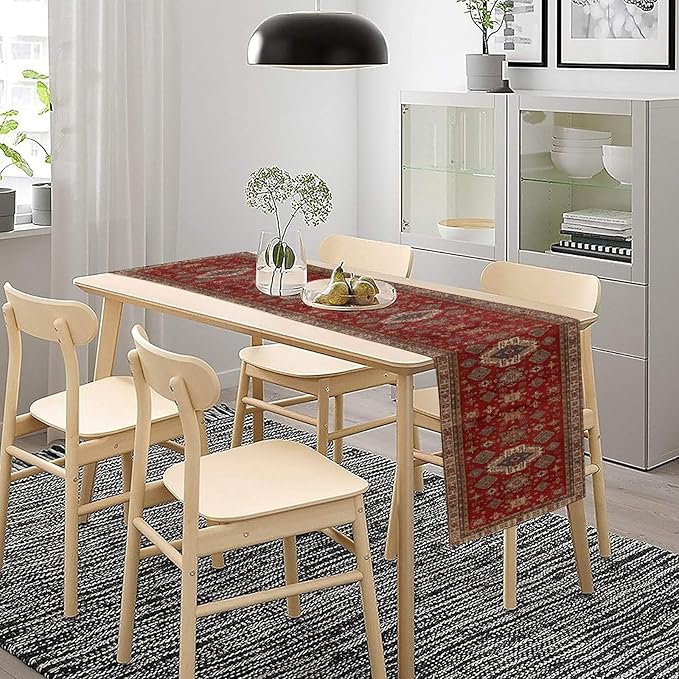 Boho Floral Vintage Table Runner, Retro Red Brown Flower Rustic Country Farmhouse Abstract Pattern for Home Kitchen Table Decor Dining Coffee Room Party Decor 13x108in