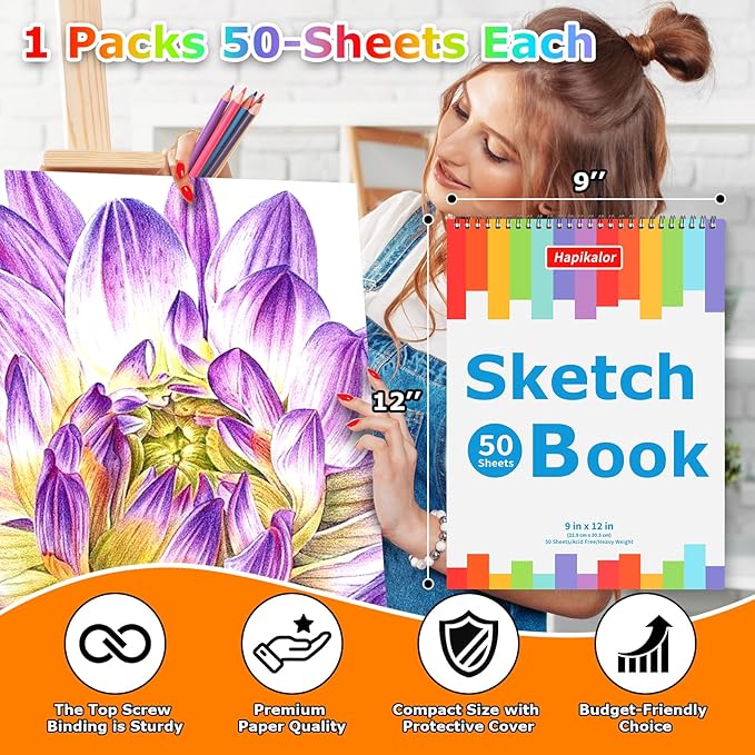 9" x 12" Sketch Book for Kids Adults, 1-Pack 50 Sheets Spiral Bound Art Sketchbook, Acid Free Artist Drawing Paper Pad for Beginners Artists, Kids Travel Essentials, Gifts for 6-14 Year Old Girl