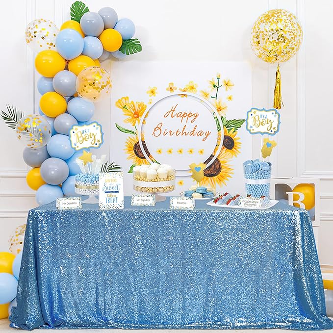 QueenDream Baby Blue Sequin Tablecloth 90x156 Inch Glitter Table Cloth for Baby Shower Birthday Party Decorations