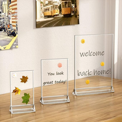 NIUBEE 6Pack 4x6 Clear Acrylic Sign Holder with Sliver Borders and Vertical Stand, Double Sided Table Menu Holders Picture Frames for Wedding Table Numbers, Restaurant Signs, Photos and Art Display