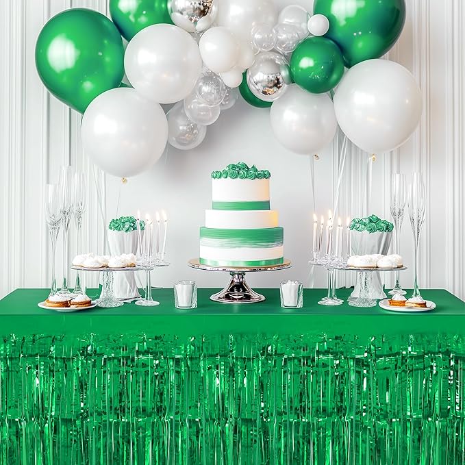 2 Pack Light Pink Green Table Skirts, 29x108" Metallic Foil Tinsel Fringe Table Skirt for Rectangle Tables Streamer Curtains Backdrop, Party Decorations for Birthdays, Weddings, Holidays