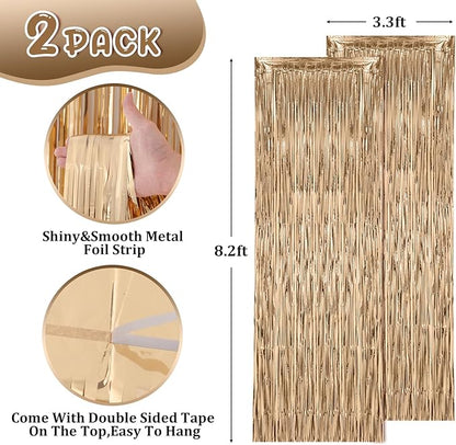 2 Pack Champagne Foil Fringe Backdrop Curtains, Tinsel Streamers Birthday Party Decorations, Fringe Backdrop for Graduation, Baby Shower, Gender Reveal, Disco Party