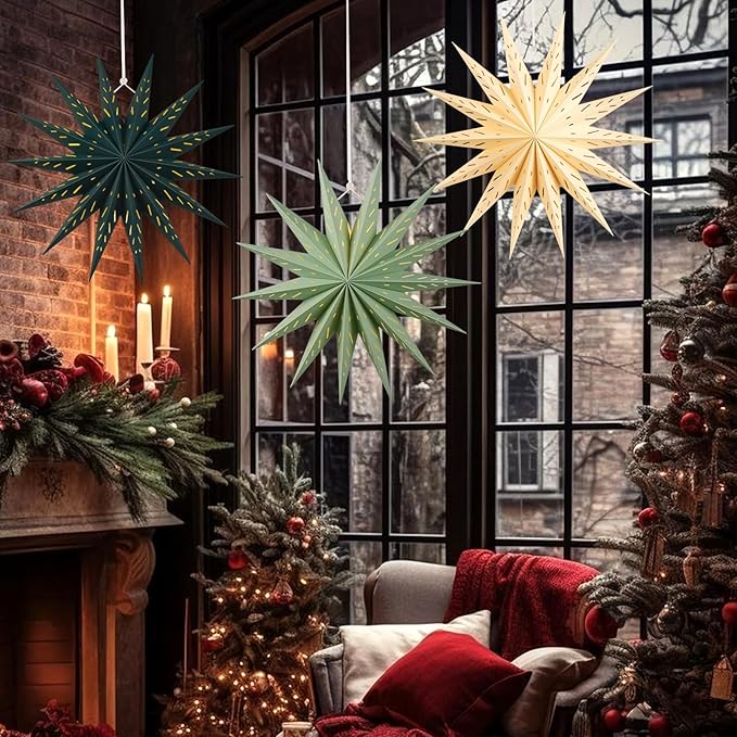 3Pcs 14-Pointed 18 Inch Paper Star Decorations Christmas Party Decorations Sage Green Yellow Hanging Star Decoration Hanging Lamp Shade for Christmas Home New Year Party
