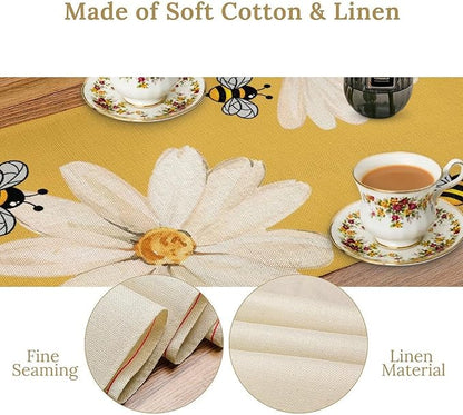 Daisy Flower Table Runner, Summer Spring Seasonal Watercolor Wildflower Yellow Bee Print Table Cover for Home Party Decor Kitchen Dining Table, 13x120inch