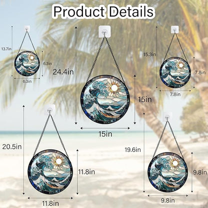 Stained Glass Window Hanging - White Sun Big Wave Suncatcher for Door Terrace Garden Home Decor Blue Ocean Landscape Sun Catcher Birthday Gifts for Lovers Women Men Dad Mom Nana9.8 in