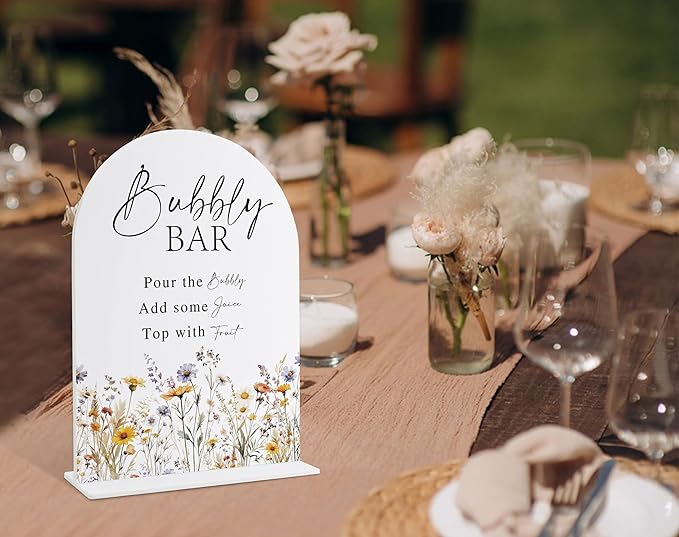 Wedding Signs for Ceremony and Reception, Boho Floral Acrylic Bubbly Bar Sign, Wedding Signage with Stand, Bridal Shower Table Centerpieces, Supplies for Engagement Reception and Event Party, 23