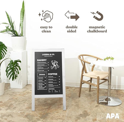 Ilyapa Wooden A-Frame Sign with Eraser & Chalk - 40 x 20 Inches Magnetic Sidewalk Chalkboard – White Menu Display for Restaurant, Business Or Wedding