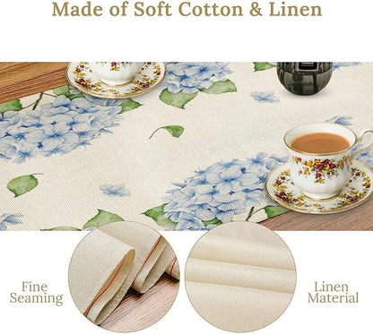 Watercolor Hydrangea Flower Table Runner, Spring Summer Seasonal Plants Butterfly Blue Dinner Runner for Home Kitchen Dining Table Party Holiday Decoration 13"x108"