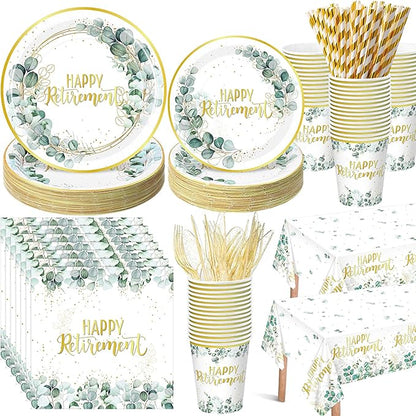 452 Pcs Sage Green Retirement Party Supplies Happy Retirement Paper Plates Napkins Cups Tablecloth Cutlery Straws for Men Women Employee Coworker Teacher Farewell Party Decorations