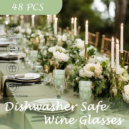 Plastic Wine Glasses，Plastic Goblets Vintage Style Cordial Drinking Glasses for Wedding Reception, Grand Event Party Supplies (48, New Green)