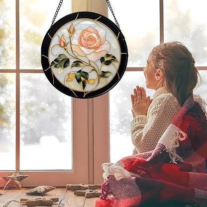 Stained Glass Window Hanging - Black White Pink Rose Sun Catcher for Door Home Decor Flower Suncatcher Christmas Mother's Day Birthday Gifts for Women Men Lovers Mom Nana 11.8 in