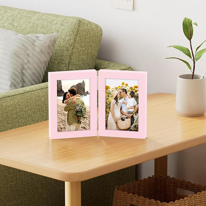 decorUhome Double 4x6 Picture Frame Vertical, Engineered Wood Bifold Photo Frame with Plexiglass for Tabletop Display, 4x6, Pink