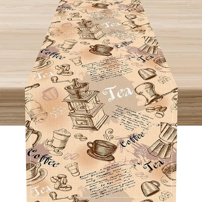 Coffee Theme Table Runner, Rustic Farmhouse Coffee Cup Tea Party Cafe Table Center Decor for Home Kitchen Dining Patio Holiday Party Indoor Outdoor Table Decorations,13"x72" Inch